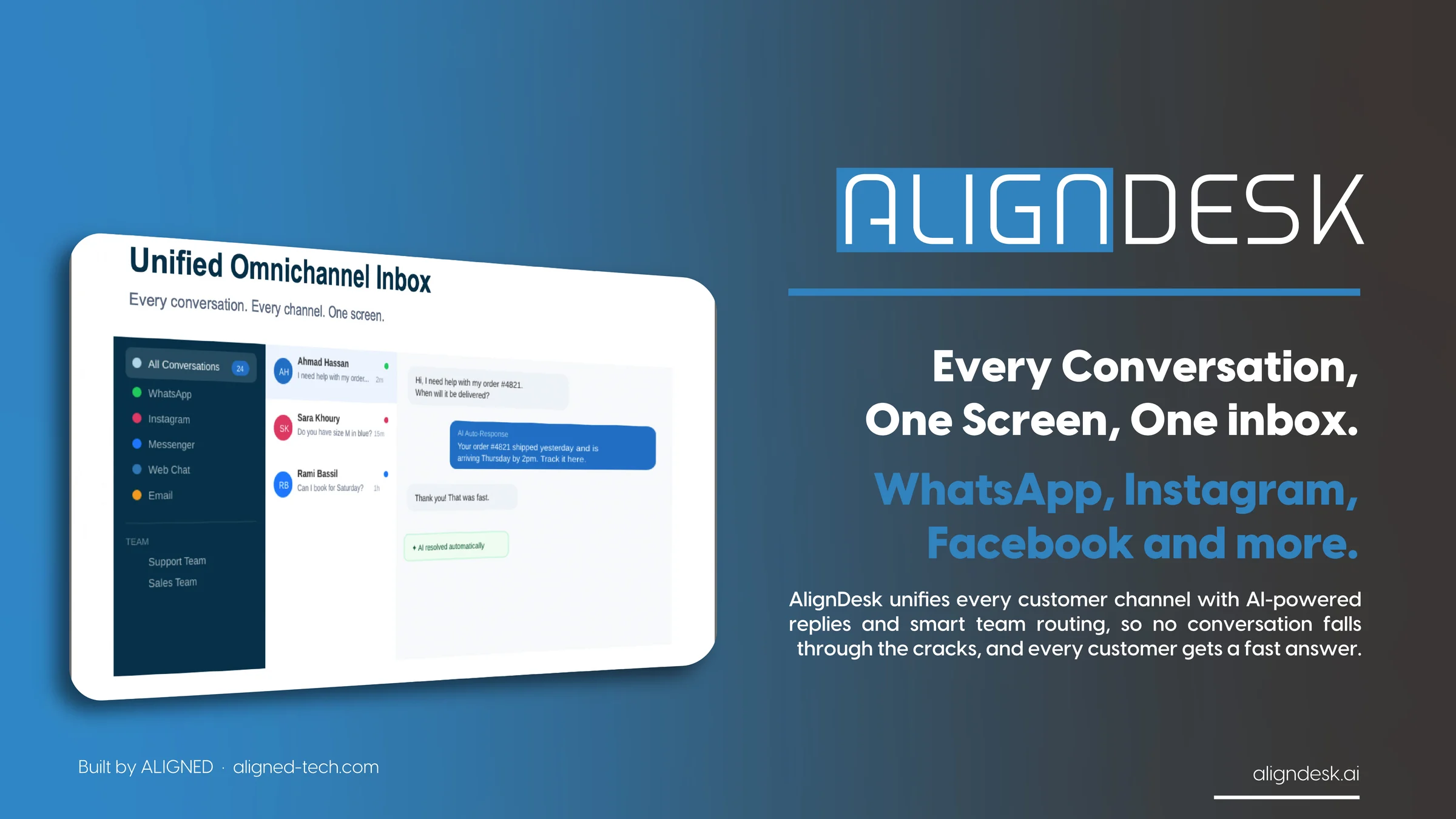 AlignDesk — every conversation, one screen, one inbox. WhatsApp, Instagram, Facebook and more. Built by Aligned. aligndesk.ai