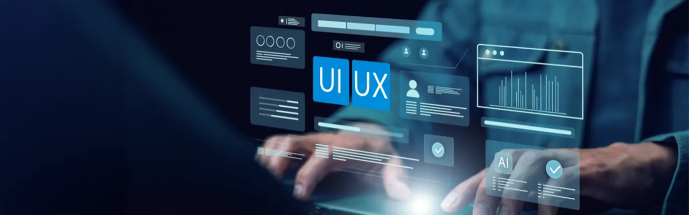 Hands typing on laptop with UI design panels — custom web and mobile development by Aligned Tech