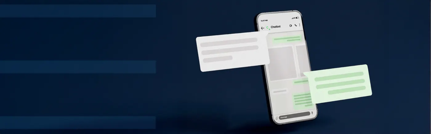 Smartphone with WhatsApp chat bubbles on navy background — WhatsApp chatbot services by Aligned Tech